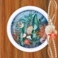 Ship porthole window with underwater scene