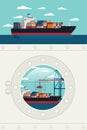 Ship porthole Window view loaded container at harbor and cargo s Royalty Free Stock Photo