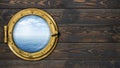 Ship or boat with ocean horizon porthole on wooden wall Royalty Free Stock Photo