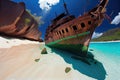 ship ran aground on deserted tropical beach with crystal-clear water