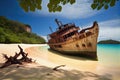 ship ran aground on deserted tropical beach with crystal-clear water