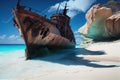 ship ran aground on deserted tropical beach with crystal-clear water