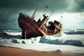 ship ran aground on a sandy beach, with crashing waves in the background