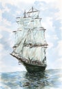 Ship-rigged frigate on sea