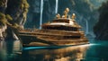 ship on the river A fantasy motor yacht boat in a crystal lake, with waterfalls, mountains, and dragons. Royalty Free Stock Photo