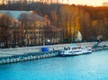 Ship at river quay autumn landscape Royalty Free Stock Photo