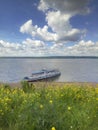 Ship river summer clouds on blue background. Sky clouds. Outdoor landscape. Summer holiday.