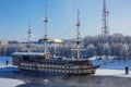 The ship is on the river in winter in Novgorod Royalty Free Stock Photo