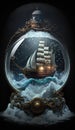 ship on a roiling ocean in the crystal ball Royalty Free Stock Photo