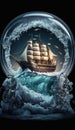 ship on a roiling ocean in the crystal ball Royalty Free Stock Photo