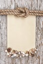 Ship rope, canvas, sea shells and wood background Royalty Free Stock Photo