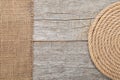 Ship rope on wood and burlap Royalty Free Stock Photo