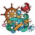 The ship`s anchor, steering wheel and crab tattoo. Illustration for design t-shirts and other items Royalty Free Stock Photo