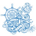 The ship`s anchor, steering wheel and crab tattoo. Monochrome illustration for design t-shirts and other items. Sea monster Royalty Free Stock Photo