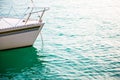 Ship`s bow and aquamarine water, lake Garda. Boat and sea, detail