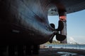 Close-up of ships propeller in dry-dock Royalty Free Stock Photo