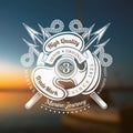 Ship`s Propeller With Cross Trident. Marine Vintage Label On Blurred Sea Background Royalty Free Stock Photo