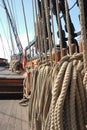 Ship's running rigging coiled and ready for sea