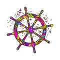 Ship`s steering wheel. Color Doodling. Isolated vector on white background.