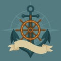 Ship`s wheel, anchor and vintage ribbon. Naval vector illustration. Royalty Free Stock Photo