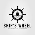ship\'s wheel with silhouette ship on ocean logo vector illustration design Royalty Free Stock Photo