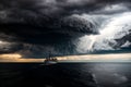 A ship s wheel steering into a storm of celestial clouds