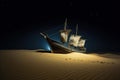 A ship or sail boat stranded on a sand dune. Generative AI Royalty Free Stock Photo