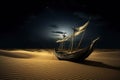 A ship or sail boat stranded on a sand dune. Generative AI Royalty Free Stock Photo