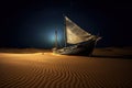 A ship or sail boat stranded on a sand dune. Generative AI Royalty Free Stock Photo