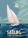 Ship Sailboat during a storm poster retro, sailing ship on the ocean, sea, stormy sky, sea waves. Vector illustration