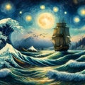 A ship sailing on a breathtaking sea, with big waves, on moonlit nihht, mountains, Van Gogh style, painting art Royalty Free Stock Photo