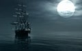 A ship sailing at night