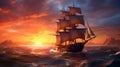 A ship sailing in the ocean at sunset. Generative ai Royalty Free Stock Photo