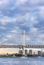 Ship sailing in Odaiba Bay under the Rainbow Bridge of Odaiba bay in Tokyo Royalty Free Stock Photo