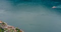 A ship is sailing towards Aurland Villageseen. Aurlandsfjord.  View from the top of Stegastein viewpoint.  Norway Royalty Free Stock Photo