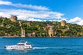 The ship sails in the Bosphorus strait by Rumeli Hisari castle, Istanbul