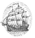 Ship with sails, illustration. Vintage sailboat at sea, sketch in engraving style