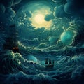 Teal Surrealism Seascape Abstract: Intricate And Bizarre Illustration Of A Ship Under A Full Moon