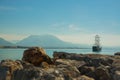 The ship sails on the sea. the mountains on the horizon. A pirate-style ship for tourists. Alanya, Antalya district, Turkey, Asia