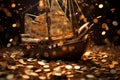 The ship sails through a sea of sparkling gold coins Royalty Free Stock Photo