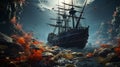 Epic Fantasy Scene: Ship And Trees In The Ocean