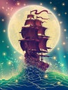 Ship with sails on the waves with water splashes in the sea or ocean over starry sky and moon light illustration in vector.