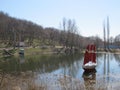 Ship with scarlet sails on the lake spring forest Royalty Free Stock Photo
