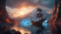 ship in the sea A fantasy boat sailing near a glacier at sunrise