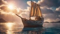 ship in the sea A fantasy fishing boat in a calm sea, with sun, The boat is made of wood