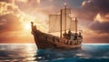 ship in the sea A fantasy fishing boat in a calm sea, with sun The boat is made of wood