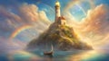 ship in the sea A fantasy lighthouse in a heavenly sky, with angels, clouds, and a rainbow. reflected rainbows Royalty Free Stock Photo