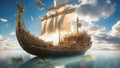 the ship in the sea A fantasy reed boat on a floating island in a sky of clouds, with birds, rainbows, and angels. Royalty Free Stock Photo