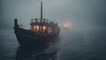 ship in the sea A haunted boat drifting on a dark and foggy sea, with blood stains