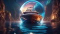 ship in the sea highly intricately detailed photograph of Speed boat at sea, view from above inside crystal ball